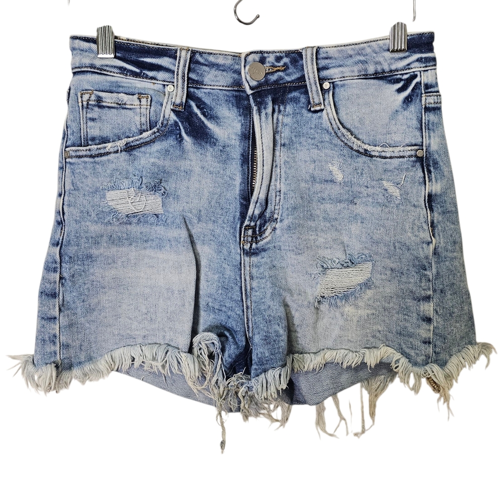 Risen Jeans Distressed Denim Mom Shorts Frayed Hem Blue Wash Distressed Size M ~